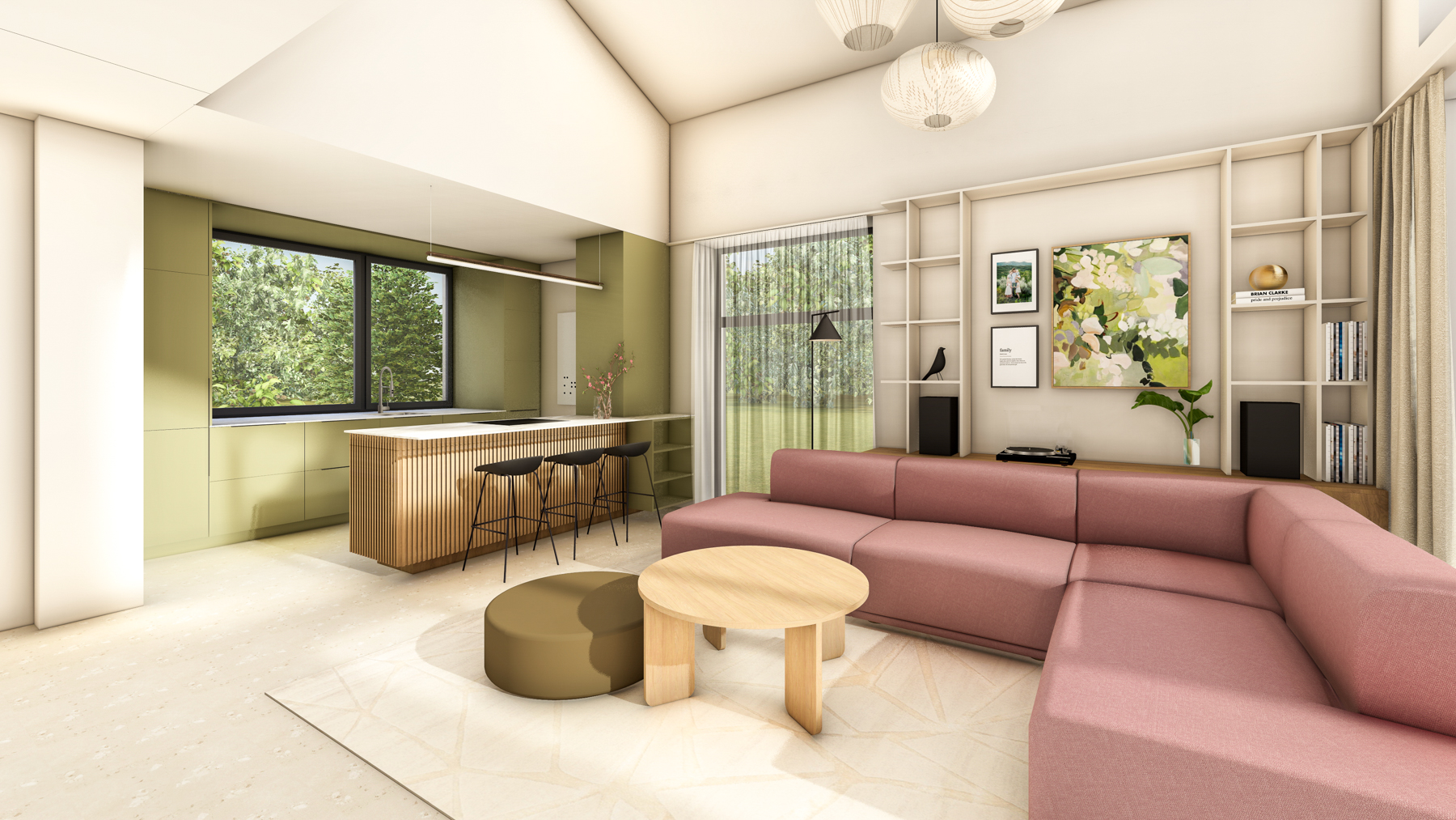 Návrh obývacího pokoje s otevřeným stropem, růžovou sedačkou a zelenou kuchyní.