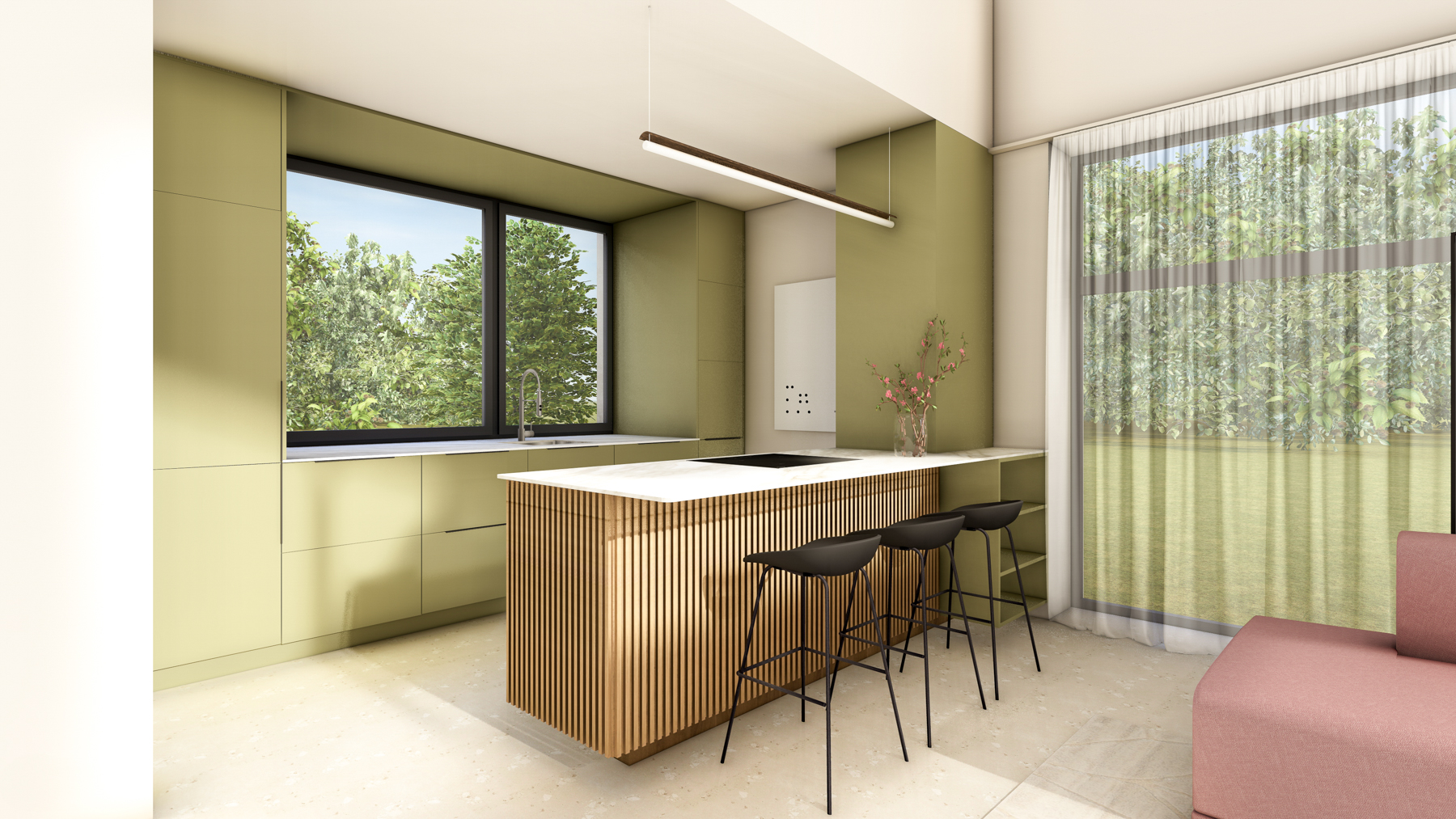 Návrh zelené kuchyně s dřevěným ostrůvkem