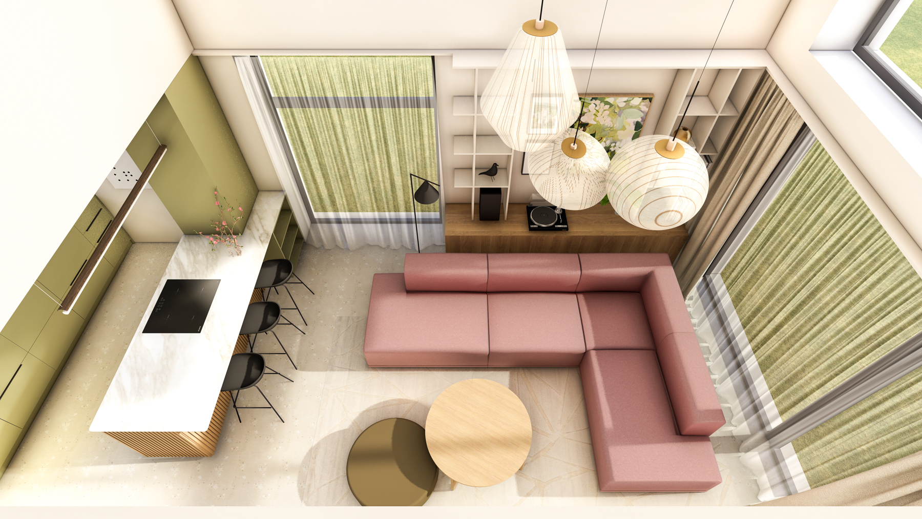 Návrh obývacího pokoje s otevřeným stropem a růžovou sedačkou.