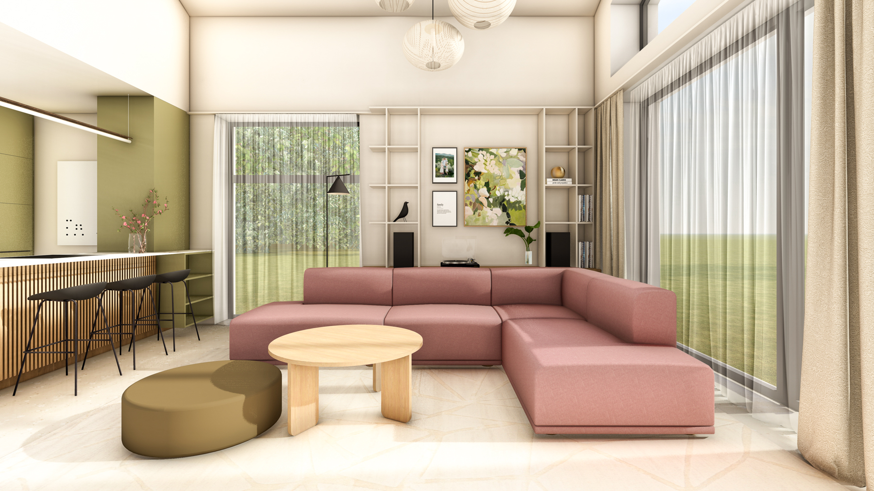 Návrh obývacího pokoje s otevřeným stropem a růžovou sedačkou.