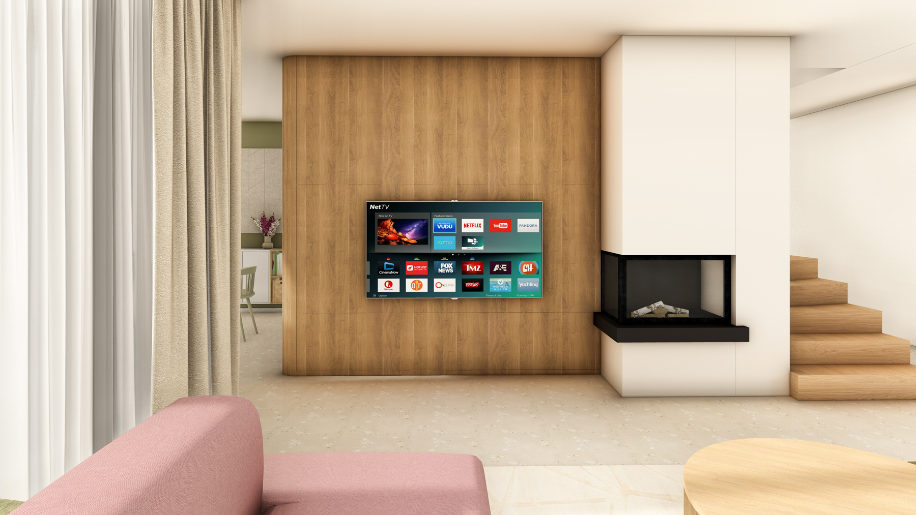 Návrh obývací stěny s TV a úložným prostorem.